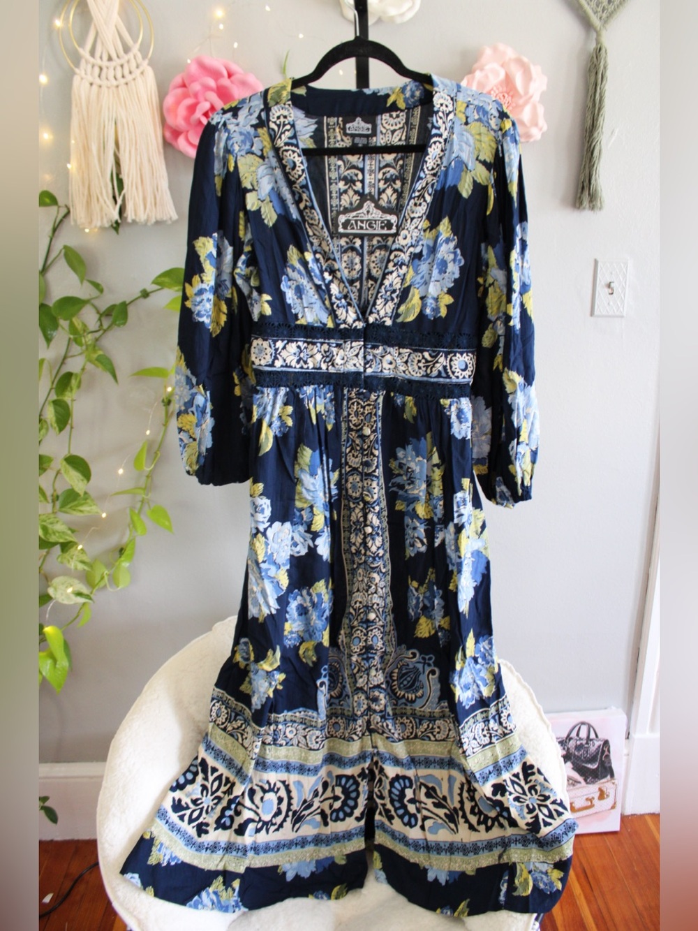 ANGIE Blue Floral Boho Maxi Dress Size M 1 left